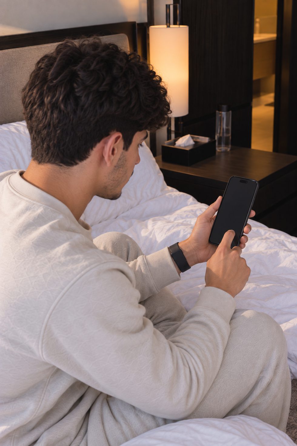 Athlete sitting up in bed in the early morning, checking his phone in warm lamplight