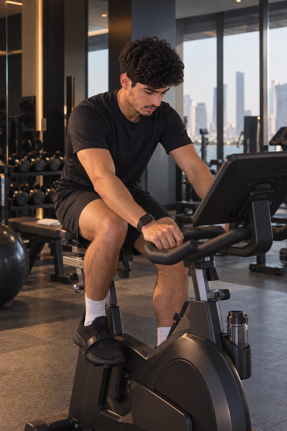 Athlete training on a stationary bike in a gym at dusk, a city skyline visible through the window